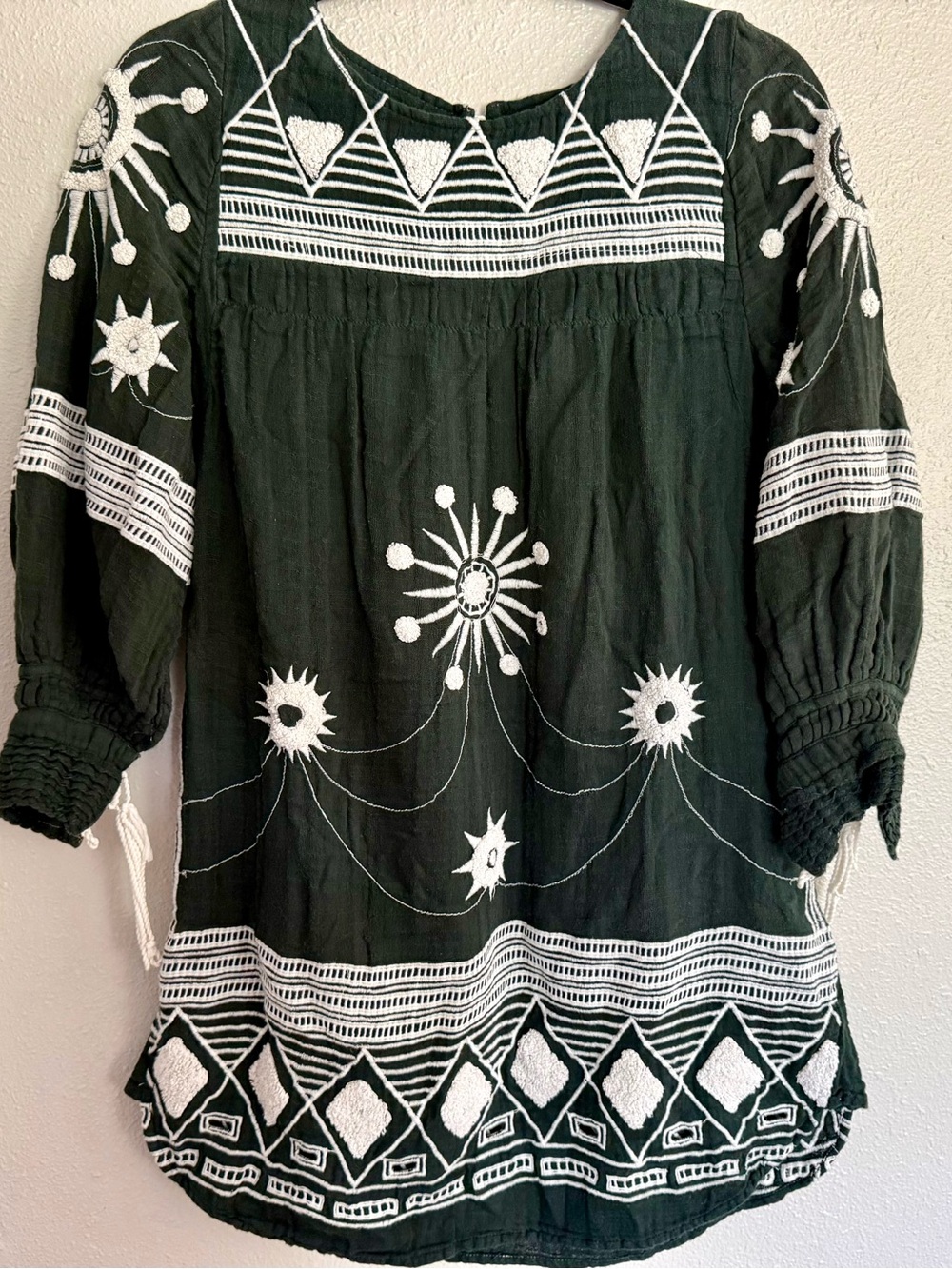 Free People⭐️VINTAGE⭐️Embroidered Midi Dress XS Dark Green/White Cotton